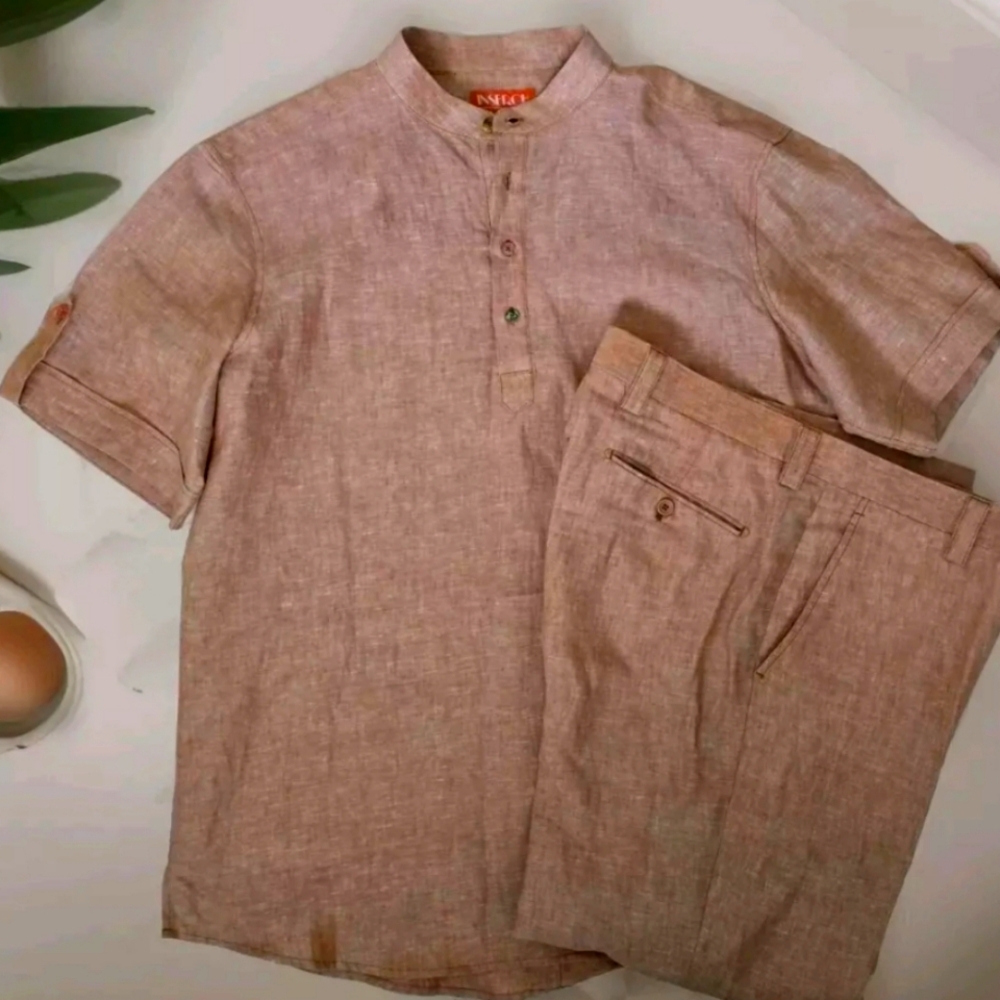 INSERCH Collection Premium 100% Linen 2 PC Set Suit Shirt & Pants! XL Excellent